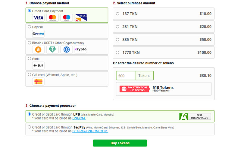 Bonga Cams payment methods
